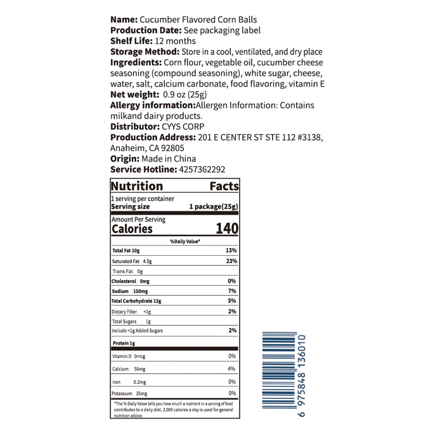 Corn Puffs - Cucumber Flavor
